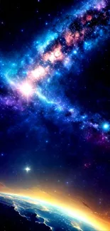 Vibrant cosmic galaxy wallpaper with stars and deep blue hues for mobile devices.