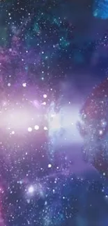 Cosmic galaxy wallpaper with nebula and stars in vibrant purple hues.