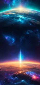 Mobile wallpaper of a cosmic horizon with vibrant space colors and a glowing planet.