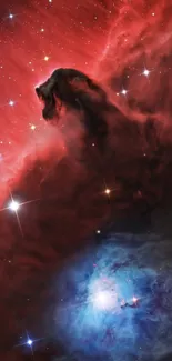 Horsehead Nebula in vibrant colors with sparkling stars, red and blue hues.