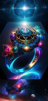 Stunning mobile wallpaper featuring a cosmic-themed ornate ring with vibrant colors.