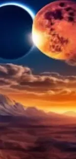 Stunning cosmic scene with planets and desert landscape.