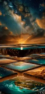 Surreal cosmic landscape with vibrant galaxy sky.