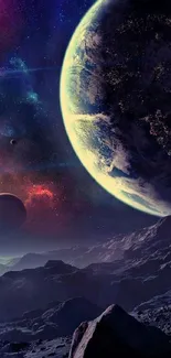 Cosmic landscape wallpaper with planets and vibrant colors.