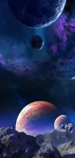 Cosmic landscape with galaxies and planets in vibrant colors for mobile wallpaper.