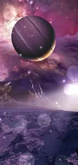 Cosmic landscape with purple planet and nebula, ideal for mobile wallpaper.