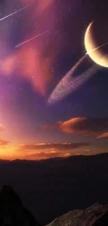 Breathtaking cosmic landscape with planets and a colorful sunset.