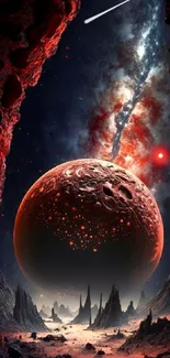 Cosmic wallpaper with red planet and galaxy backdrop.