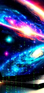 Colorful galaxy-themed phone wallpaper with laptop.