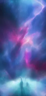 Vibrant cosmic LED wallpaper with shades of blue, purple, and pink.