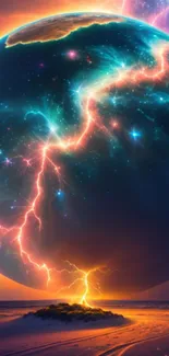 Cosmic landscape with lightning and glowing orb.
