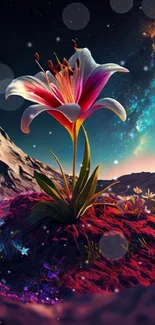 Surreal lily with cosmic background under starry sky.