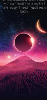 Cosmic mountain landscape with eclipse and purple sky.