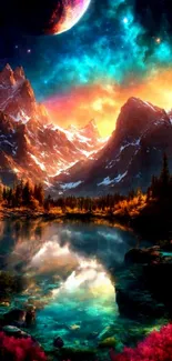 Fantasy cosmic mountain scene with vibrant colors and a reflective lake.