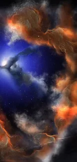 Vibrant blue nebula with orange cosmic clouds in stunning mobile wallpaper.