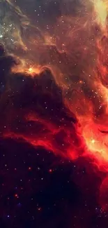 Crimson red cosmic nebula wallpaper with stars and dark shadows.