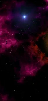 Vibrant purple and orange nebula in space with stars.