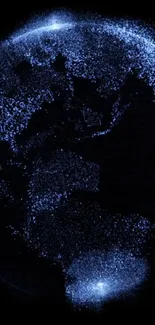 Cosmic night view of Earth with glowing blue lights.