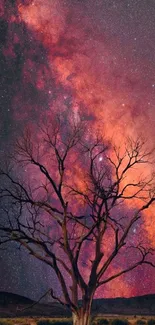 Silhouetted tree against a cosmic, star-filled purple night sky.