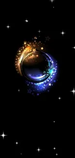 Enchanting cosmic orb with blue and gold swirls on a black background.