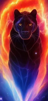 Cosmic panther art with vibrant fiery colors and celestial background.