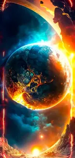 Vibrant cosmic planet artwork with fiery and icy elements.