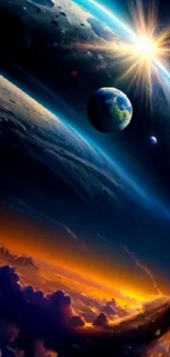 Earth viewed from space with sunrays and vibrant colors.