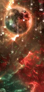 Cosmic scene with mysterious planet, featuring vivid red and green nebulae.