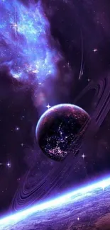 Vibrant cosmic wallpaper with a purple planet and starry galaxy.