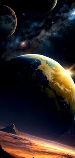 Cosmic planet wallpaper with vibrant space scene and planets.