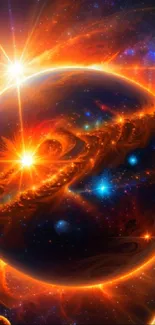 Vibrant cosmic planet wallpaper with glowing stars and celestial beauty.