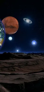 Cosmic wallpaper with Earth, Mars, and glowing planets in a starry sky.