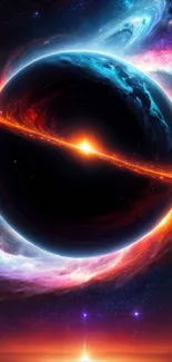 Cosmic planet wallpaper with galaxy and glowing rings.