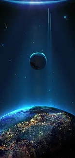 Dark blue wallpaper featuring planets and a glowing cosmic scene.