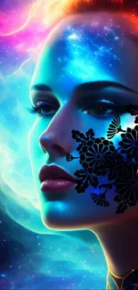 Cosmic-inspired digital portrait with floral design on vibrant background