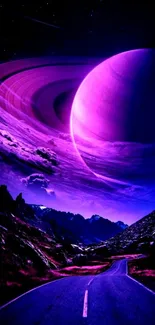 Purple cosmic scene with a planet over a winding road.