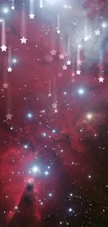 Deep red nebula with shining stars in space.