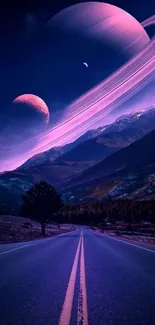 Cosmic road wallpaper with planets and mountains, featuring purple hues.