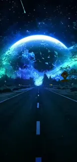 Vibrant cosmic scene with road leading to glowing planetary skies.