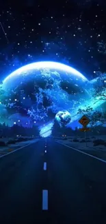 Cosmic road scene with stars and planets in a dark blue night sky.