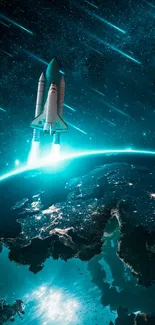 Rocket launching from Earth with a teal cosmic background.