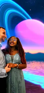 Couple standing under a vibrant cosmic sky with colorful planets.