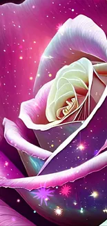 Cosmic pink rose with galaxy background.