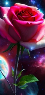 Vibrant cosmic rose with galaxy backdrop in stunning phone wallpaper.