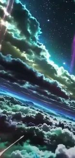 Celestial artwork of a vibrant starry sky and swirling clouds.