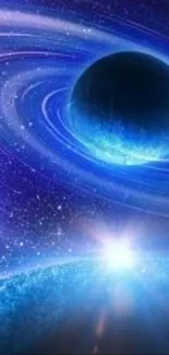 Deep blue cosmic scene with planets and swirling galaxies.