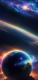 Cosmic space art wallpaper with galaxy and vibrant colors.