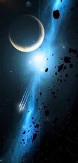 Cosmic space scene mobile wallpaper with blue hues and celestial bodies.