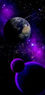 A cosmic space wallpaper with vibrant purple nebulae and distant planets.