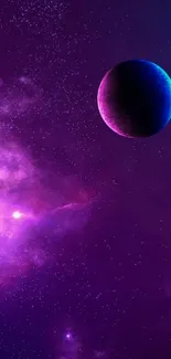 Purple cosmic wallpaper with planet and stars in space.